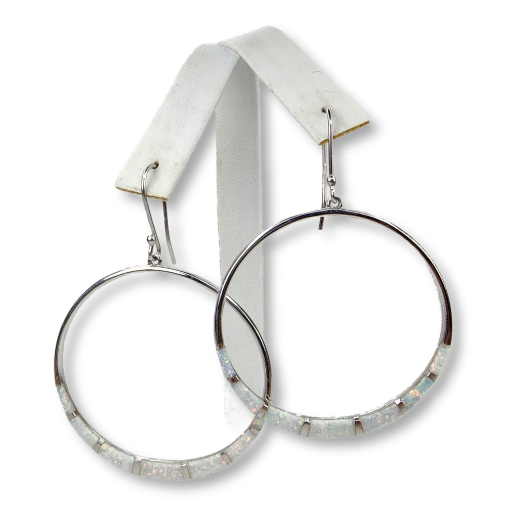 Sterling Silver 925 Southwestern Faux Opal Channel Inlay Large Hoop Earrings - Picture 2 of 9
